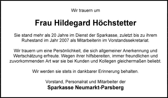 Traueranzeige von Hildegard Höchstetter von Neumarkter Tagblatt