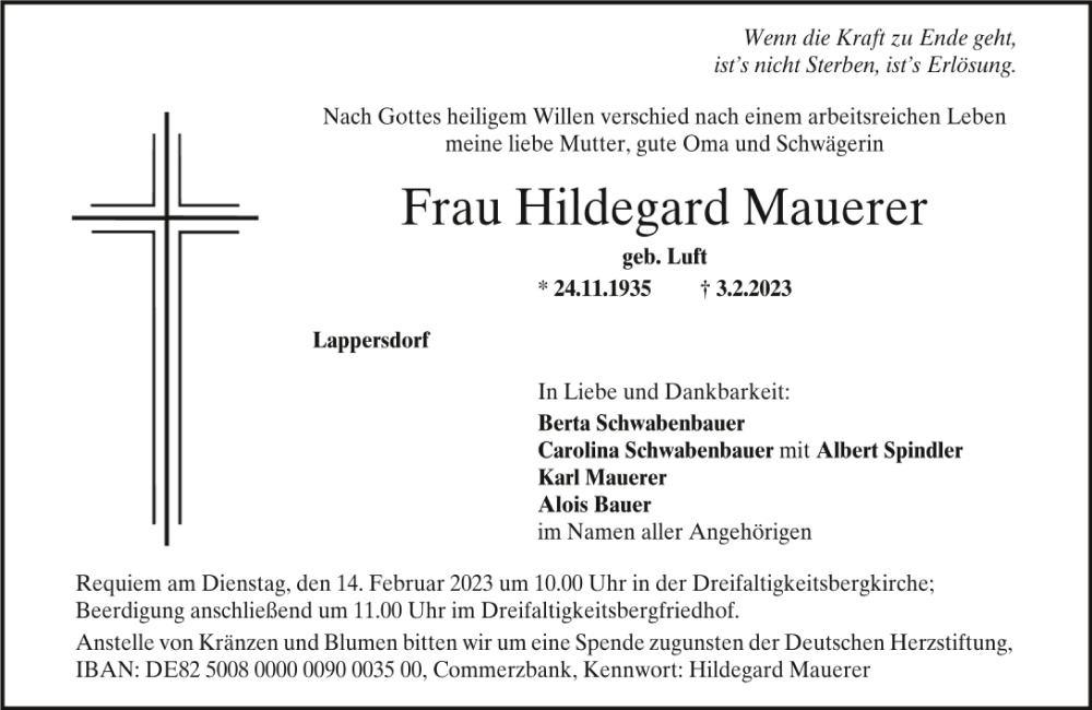 Traueranzeige für Hildegard Mauerer vom 11.02.2023 aus Mittelbayerische Zeitung Regensburg