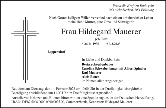 Traueranzeige von Hildegard Mauerer von Mittelbayerische Zeitung Regensburg
