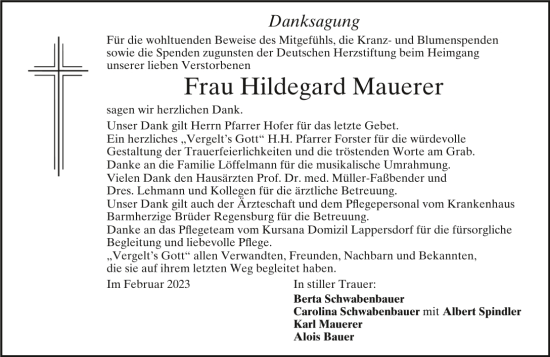 Traueranzeige von Hildegard Mauerer von Mittelbayerische Zeitung Regensburg