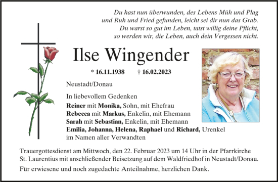 Traueranzeige von Ilse Wingender von Mittelbayerische Zeitung Kelheim