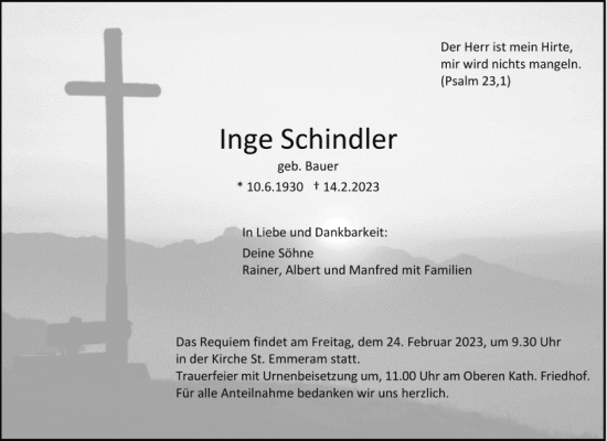 Traueranzeige von Inge Schindler von Mittelbayerische Zeitung Regensburg