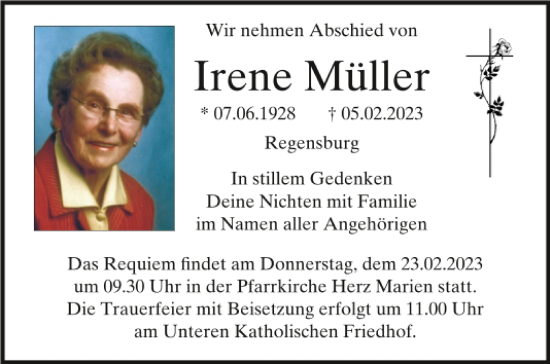 Traueranzeige von Irene Müller von Mittelbayerische Zeitung Regensburg