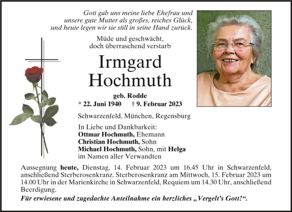 Traueranzeige für Irmgard Hochmuth vom 14.02.2023 aus Mittelbayerische Zeitung Schwandorf