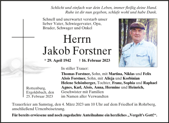 Traueranzeige von Jakob Forstner von Mittelbayerische Zeitung Kelheim