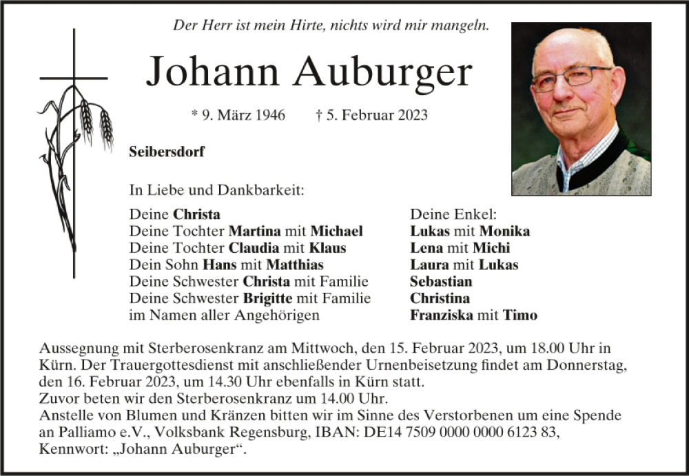  Traueranzeige für Johann Auburger vom 11.02.2023 aus Mittelbayerische Zeitung Regensburg
