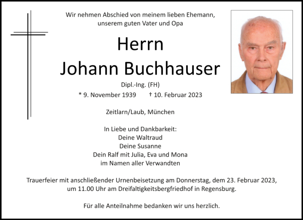 Traueranzeige für Johann Buchhauser vom 18.02.2023 aus Mittelbayerische Zeitung Regensburg