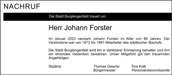 Traueranzeige von Johann Forster von Mittelbayerische Zeitung Schwandorf