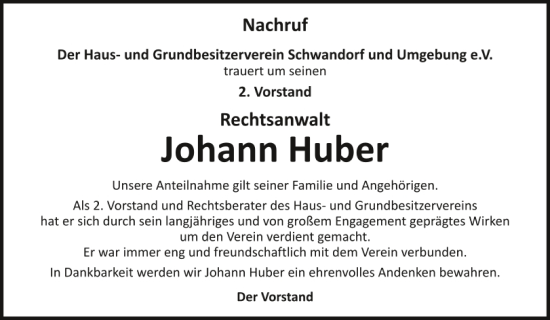 Traueranzeige von Johann Huber von Mittelbayerische Zeitung Schwandorf