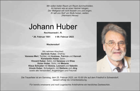 Traueranzeige von Johann Huber von Mittelbayerische Zeitung Schwandorf