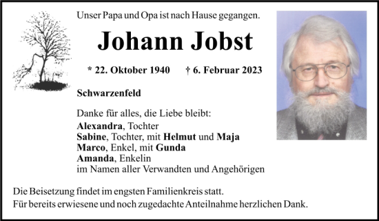 Traueranzeige von Johann Jobst von Mittelbayerische Zeitung Schwandorf