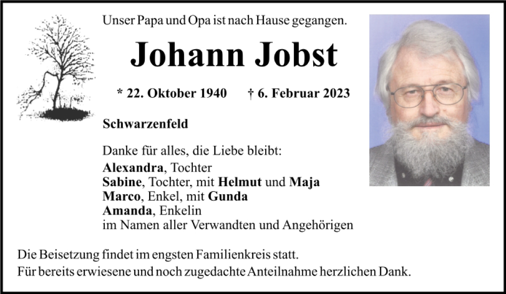 Traueranzeige für Johann Jobst vom 08.02.2023 aus Mittelbayerische Zeitung Schwandorf