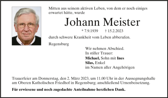 Traueranzeige von Johann Meister von Mittelbayerische Zeitung Regensburg