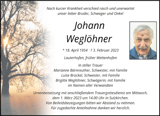 Traueranzeige von Johann Weglöhner von Neumarkter Tagblatt