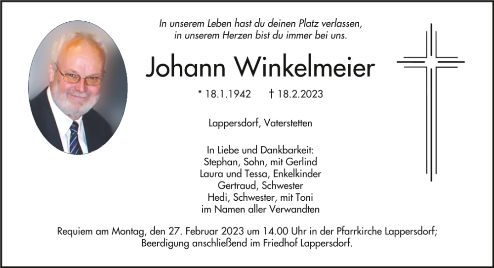  Traueranzeige für Johann Winkelmeier vom 22.02.2023 aus Mittelbayerische Zeitung Regensburg