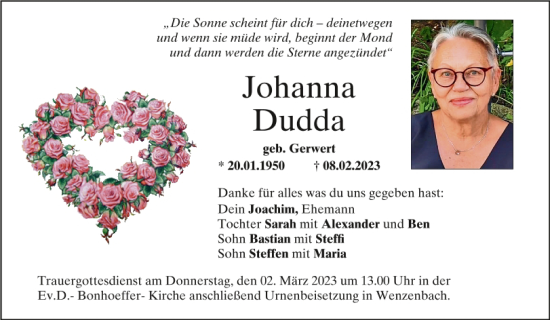 Traueranzeige von Johanna Dudda von Mittelbayerische Zeitung Regensburg
