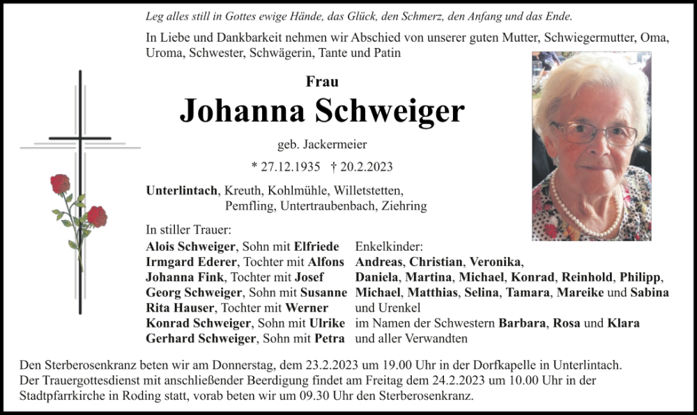 Traueranzeige für Johanna Schweiger vom 22.02.2023 aus Bayerwald Echo