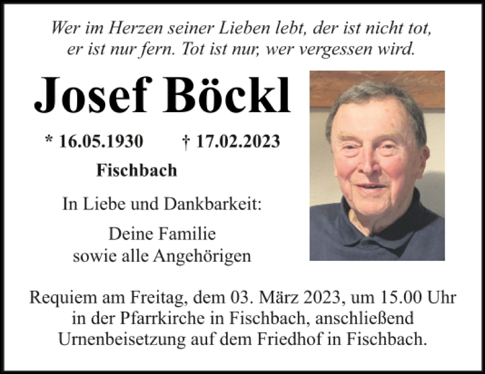  Traueranzeige für Josef Böckl vom 21.02.2023 aus Mittelbayerische Zeitung Regensburg