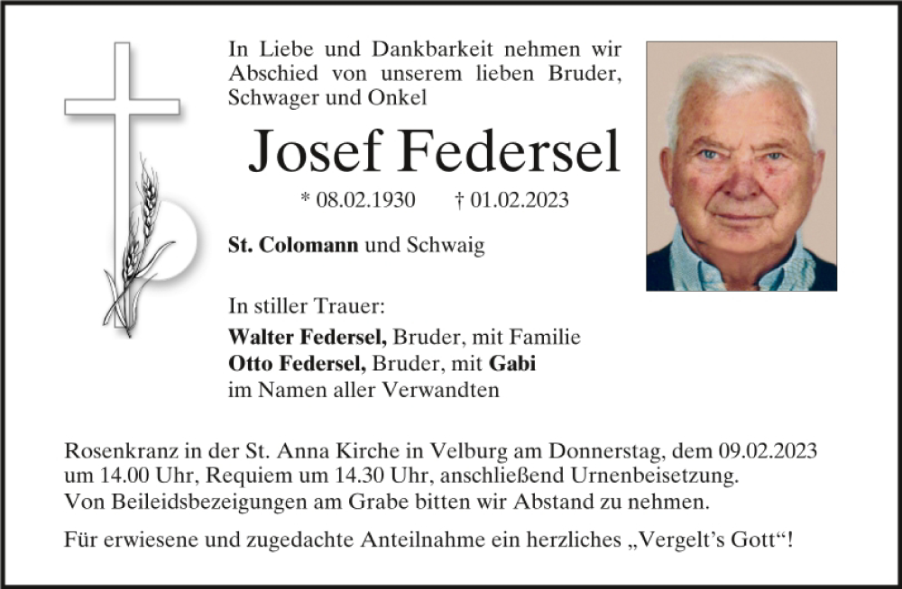 Traueranzeige für Josef Federsel vom 07.02.2023 aus Neumarkter Tagblatt
