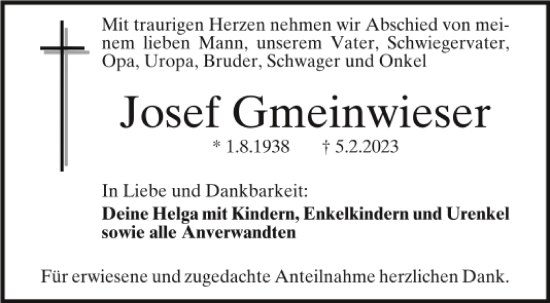 Traueranzeige von Josef Gmeinwieser von Bayerwald Echo
