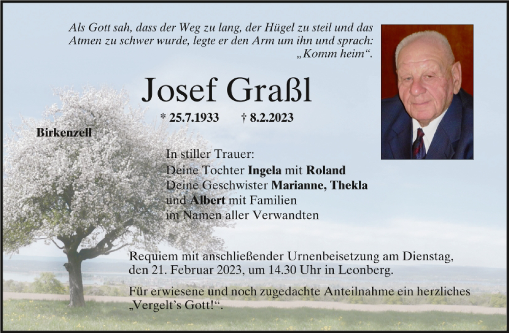  Traueranzeige für Josef Graßl vom 18.02.2023 aus Mittelbayerische Zeitung Schwandorf