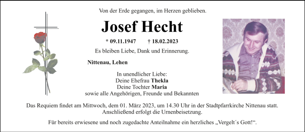  Traueranzeige für Josef Hecht vom 22.02.2023 aus Mittelbayerische Zeitung Regensburg