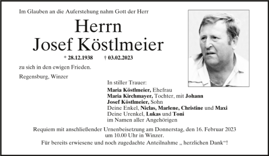 Traueranzeige von Josef Köstlmeier von Mittelbayerische Zeitung Regensburg