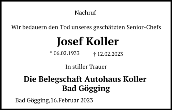 Traueranzeige von Josef Koller von Mittelbayerische Zeitung Kelheim