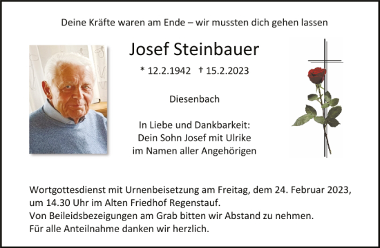 Traueranzeige von Josef Steinbauer von Mittelbayerische Zeitung Regensburg