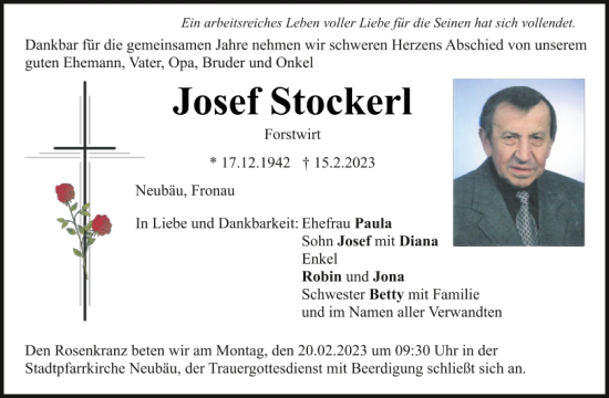 Traueranzeige von Josef Stockerl von Bayerwald Echo