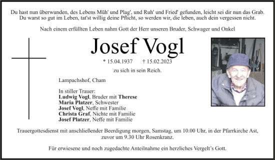Traueranzeige von Josef Vogl von Bayerwald Echo