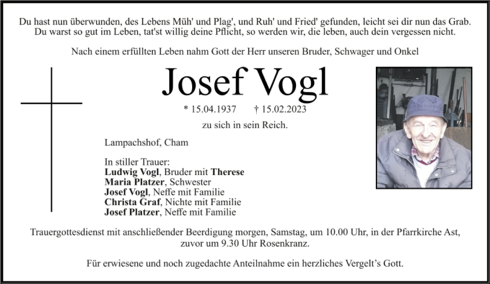  Traueranzeige für Josef Vogl vom 17.02.2023 aus Bayerwald Echo