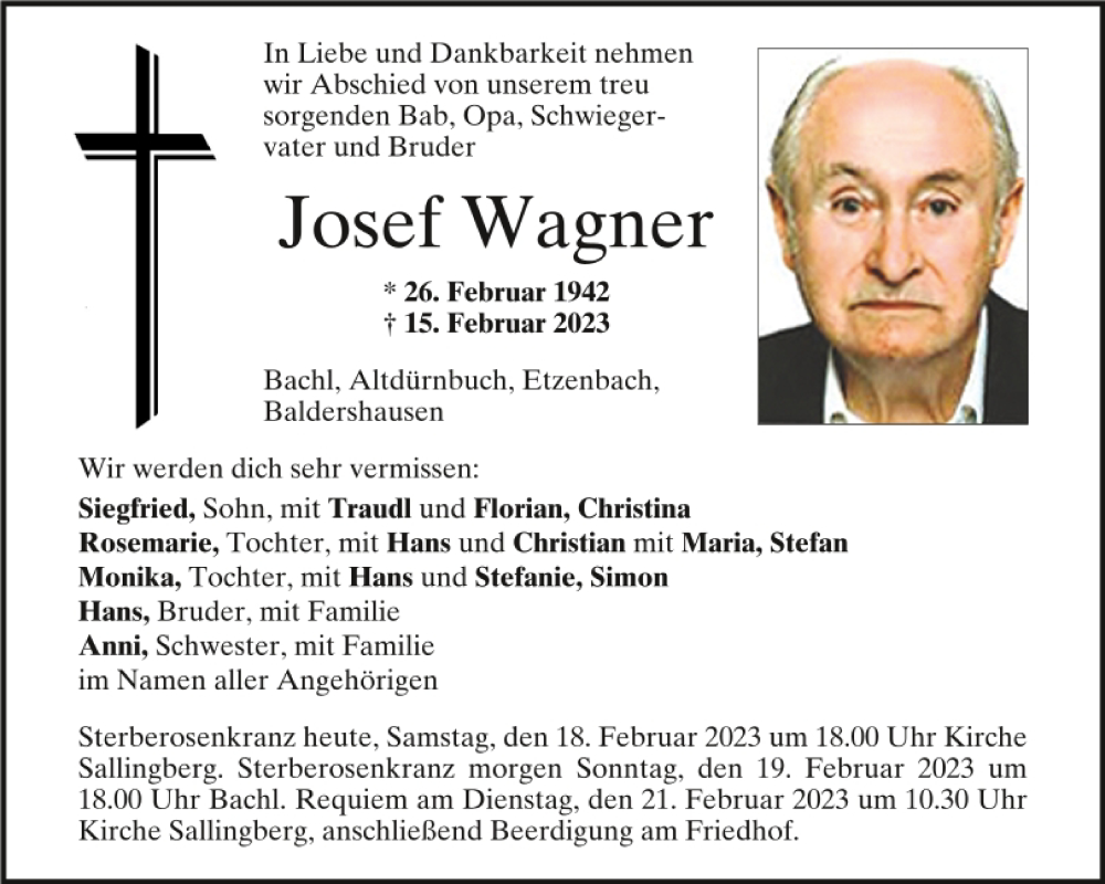  Traueranzeige für Josef Wagner vom 18.02.2023 aus Mittelbayerische Zeitung Kelheim