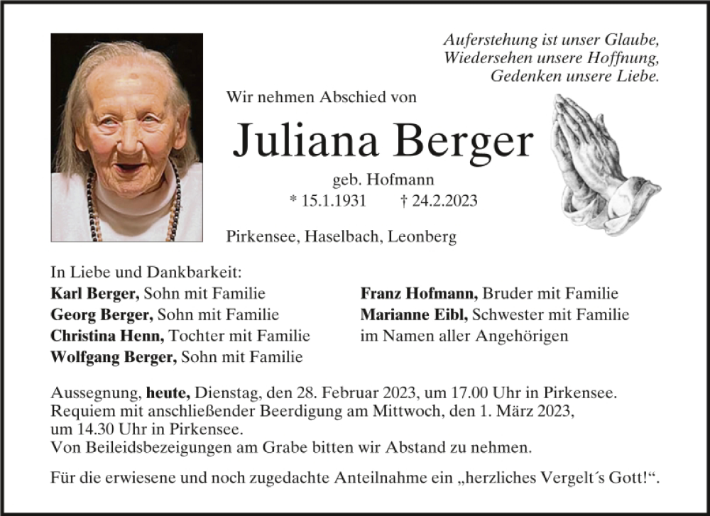  Traueranzeige für Juliana Berger vom 28.02.2023 aus Mittelbayerische Zeitung Schwandorf