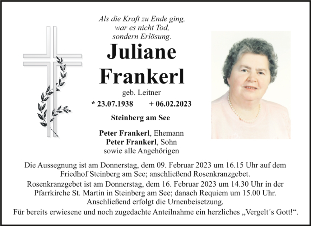  Traueranzeige für Juliane Frankerl vom 08.02.2023 aus Mittelbayerische Zeitung Schwandorf
