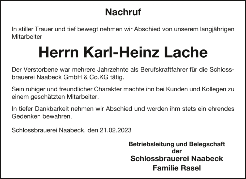  Traueranzeige für Karl-Heinz Lache vom 21.02.2023 aus Mittelbayerische Zeitung Schwandorf