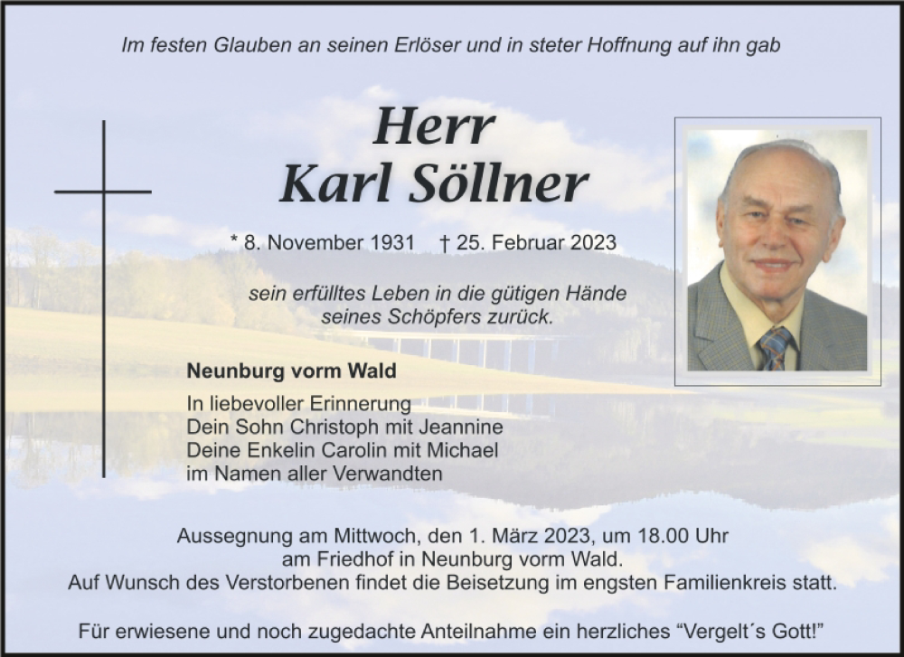  Traueranzeige für Karl Söllner vom 28.02.2023 aus Mittelbayerische Zeitung Schwandorf