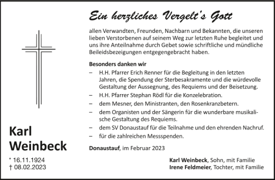 Traueranzeige von Karl Weinbeck von Mittelbayerische Zeitung Regensburg