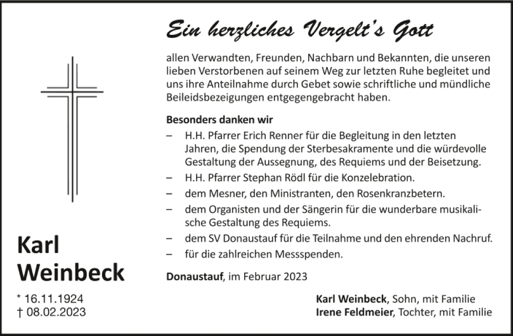  Traueranzeige für Karl Weinbeck vom 25.02.2023 aus Mittelbayerische Zeitung Regensburg