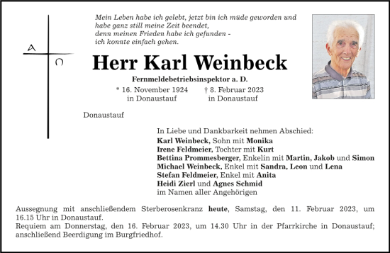 Traueranzeige von Karl Weinbeck von Mittelbayerische Zeitung Regensburg