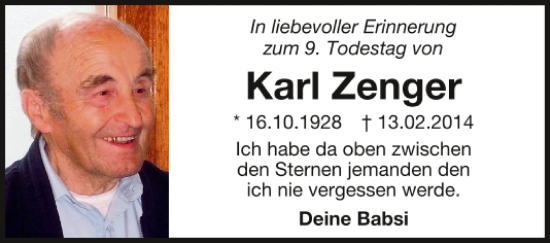 Traueranzeige von Karl Zenger von Mittelbayerische Zeitung Regensburg