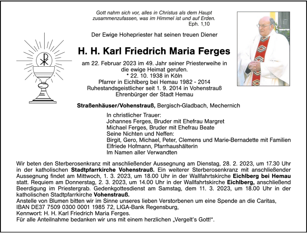  Traueranzeige für Karl Friedrich Maria Ferges vom 28.02.2023 aus Mittelbayerische Zeitung Gesamtausgabe