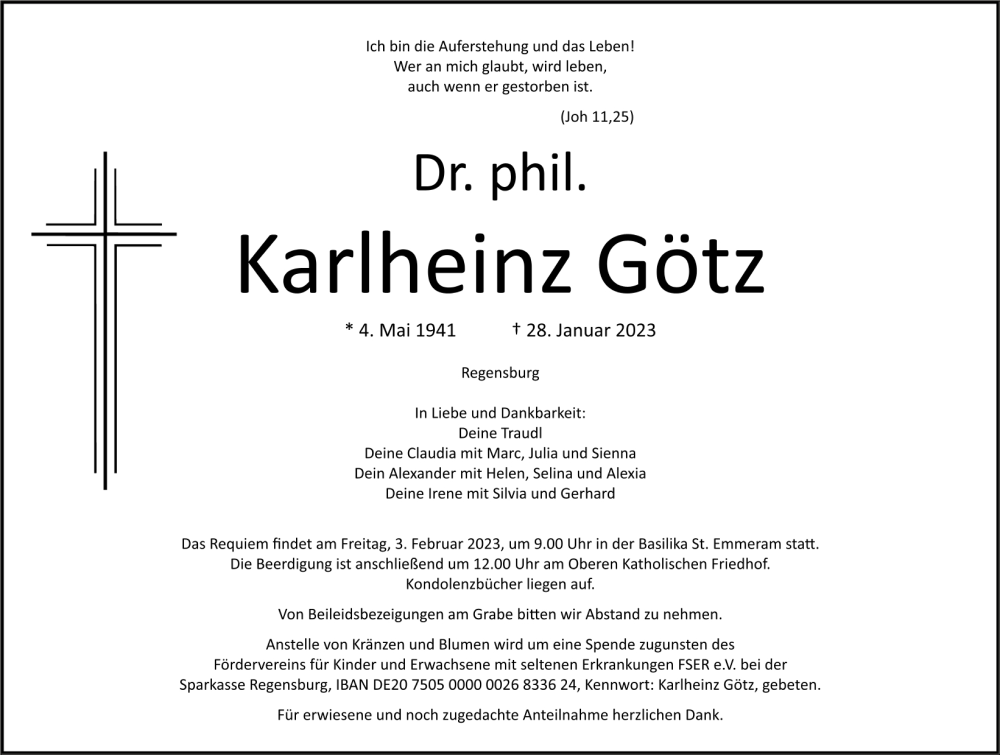  Traueranzeige für Karlheinz Götz vom 01.02.2023 aus Mittelbayerische Zeitung Regensburg