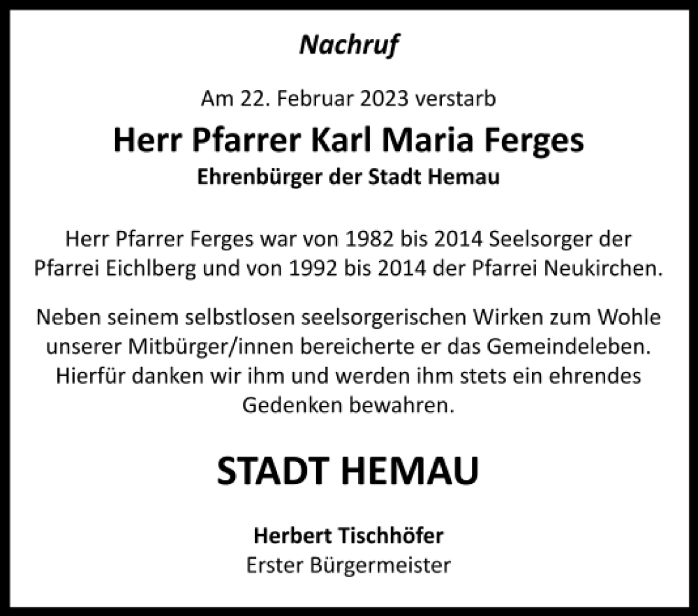  Traueranzeige für Karl Maria Ferges vom 01.03.2023 aus Mittelbayerische Zeitung Regensburg