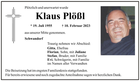 Traueranzeige von Klaus Plößl von Mittelbayerische Zeitung Schwandorf