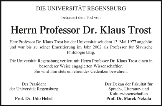 Traueranzeige von Klaus Trost von Mittelbayerische Zeitung Regensburg