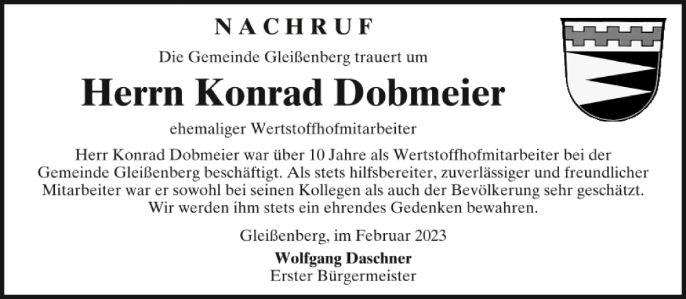  Traueranzeige für Konrad Dobmeier vom 24.02.2023 aus Bayerwald Echo