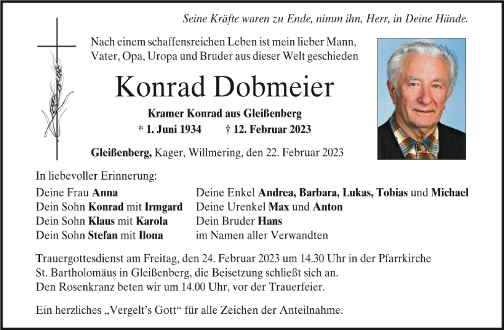  Traueranzeige für Konrad Dobmeier vom 22.02.2023 aus Bayerwald Echo
