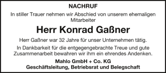 Traueranzeige von Konrad Gaßner von Mittelbayerische Zeitung Kelheim