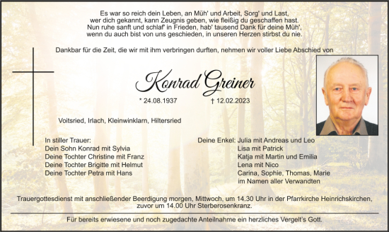Traueranzeige von Konrad Greiner von Bayerwald Echo